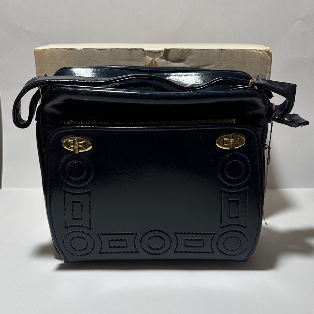 NIB Vintage Sears Navy Geometric Shoulder Bag – Gold Hardware – New in Box